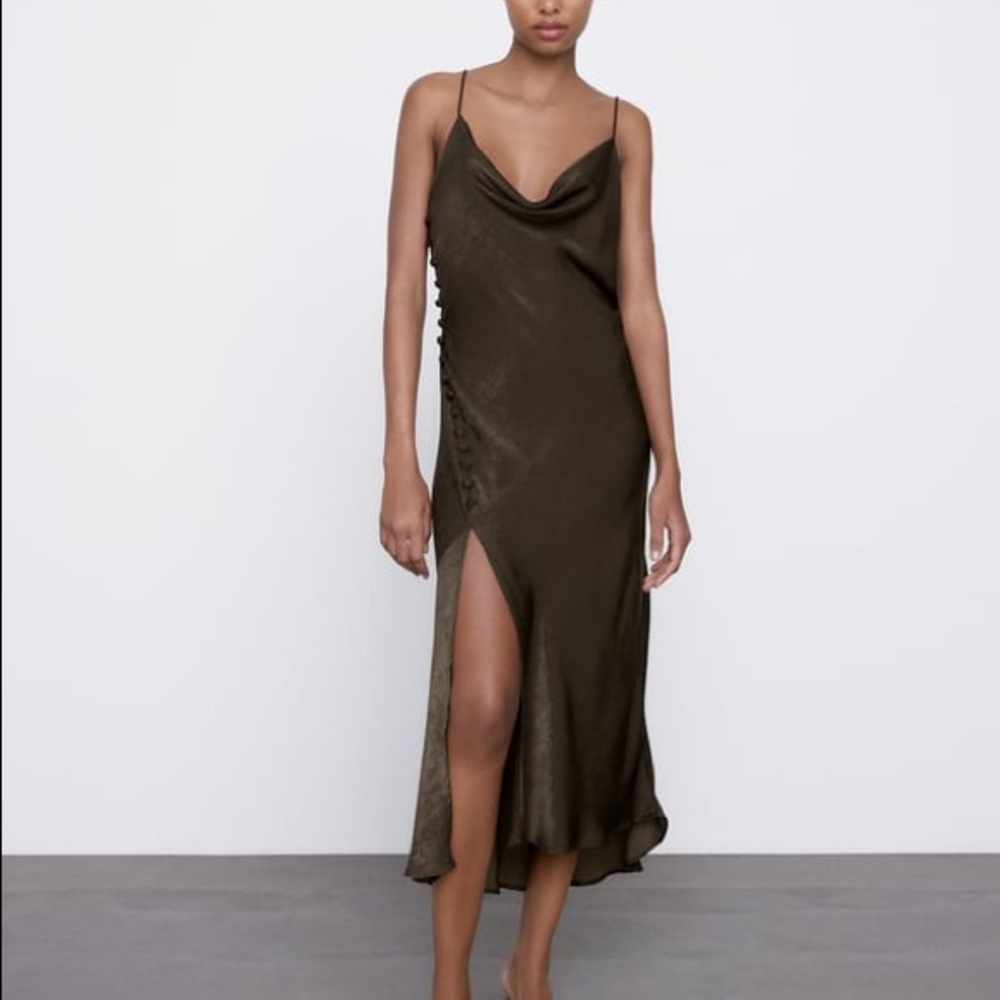 Zara Slip Camisole Cowl Neck Midi Dress w/ Button Detail in Dark Charcoa…